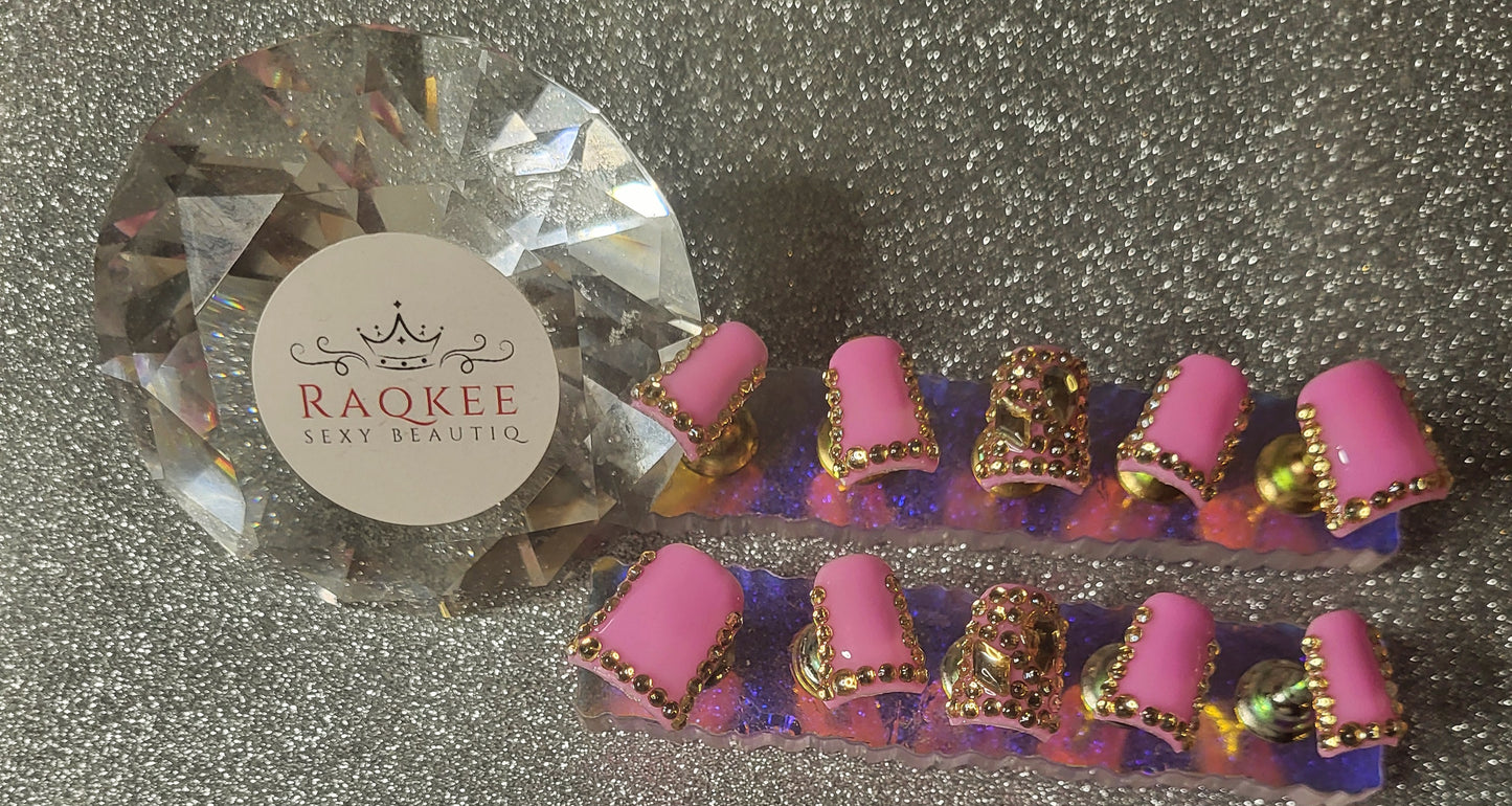 Gold Rhinestones Thin French Tips Press On Nails With Full Rhinestones