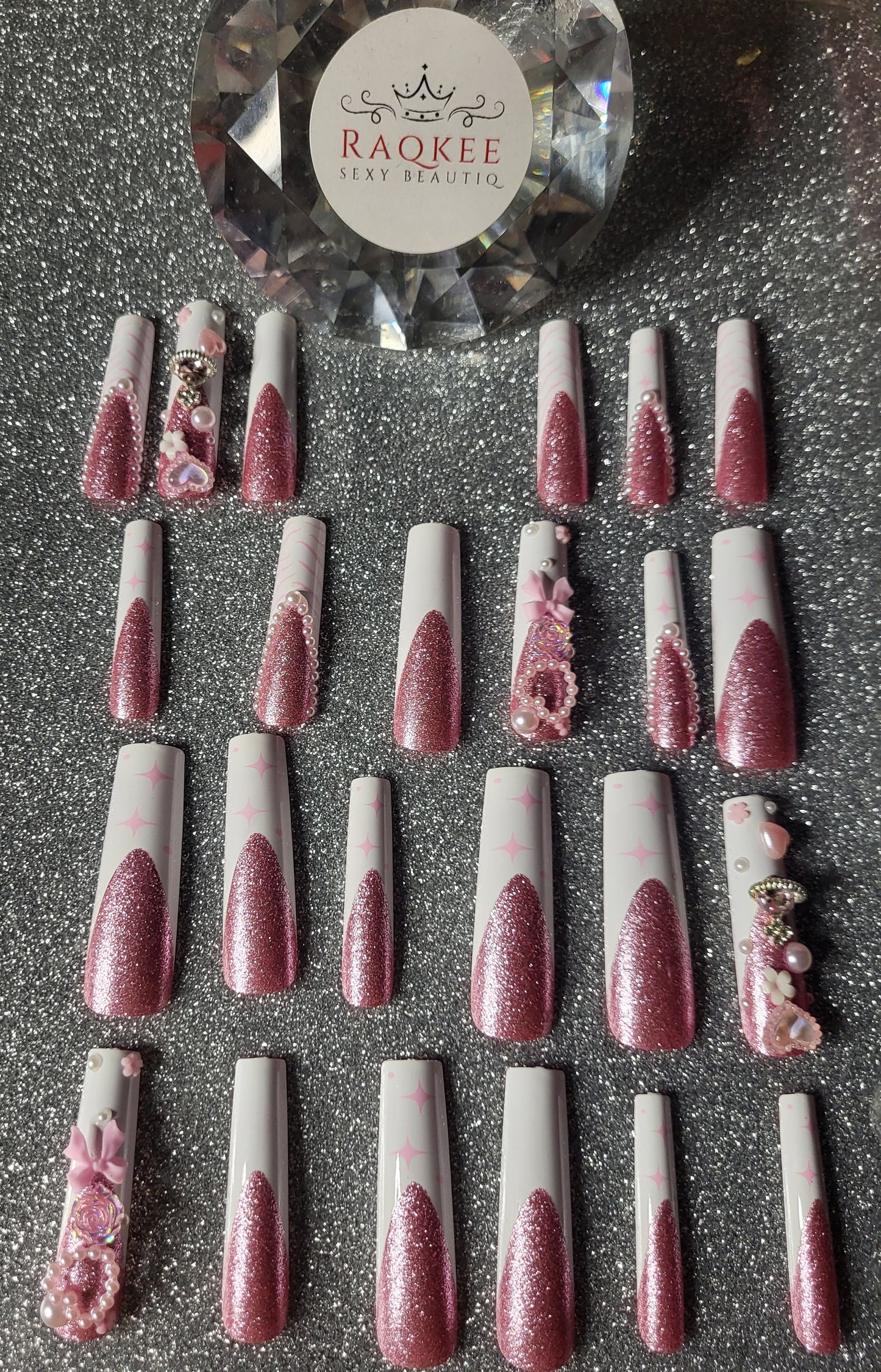 Glittery Pink Press On Nails With White French Tips With Pink Zebra Print And Twinkle Star Designs And 3D Decor