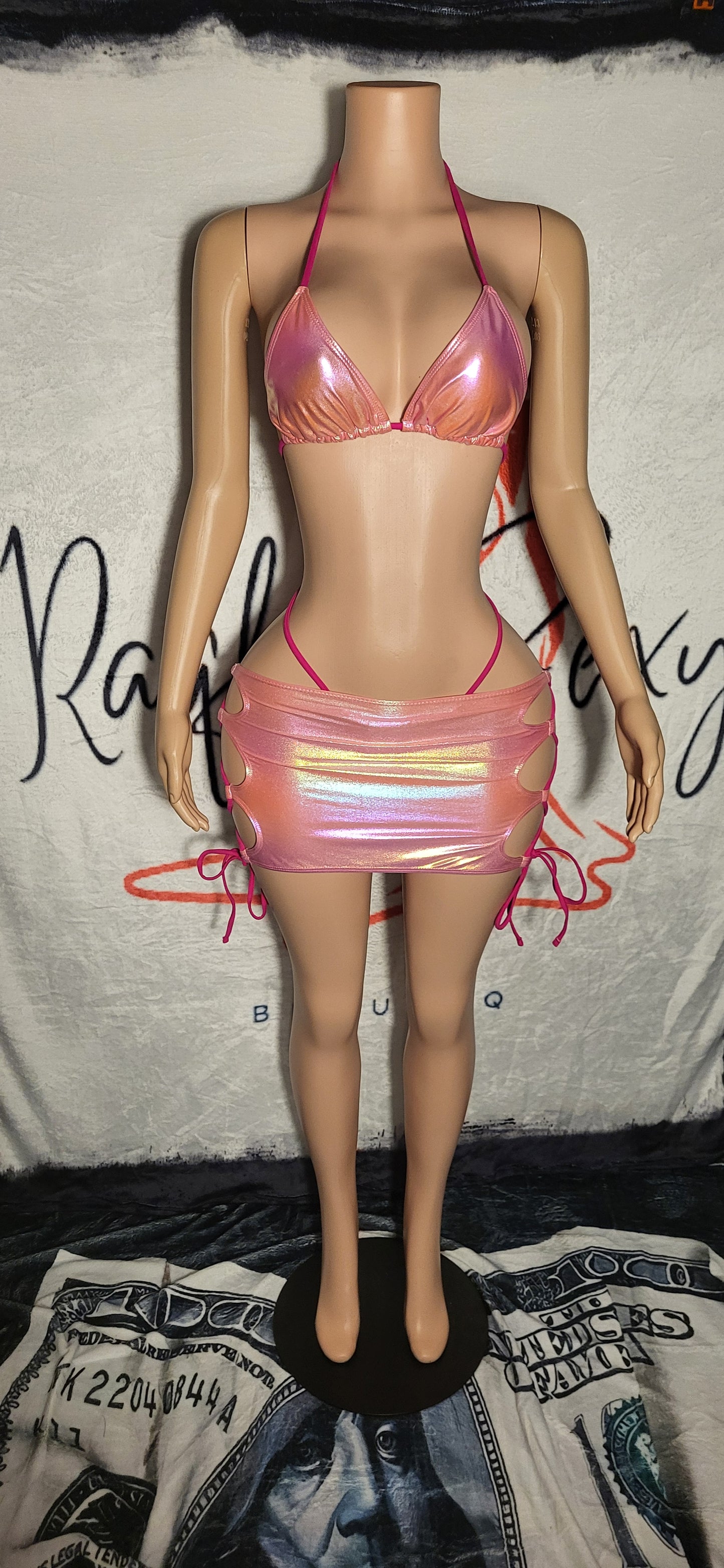 Pink Bikini With Low Waist Lace Up Skirt