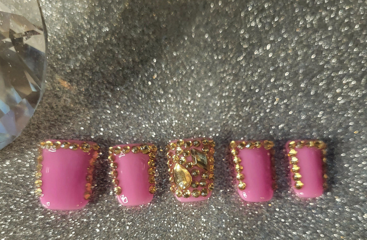 Gold Rhinestones Thin French Tips Press On Nails With Full Rhinestones