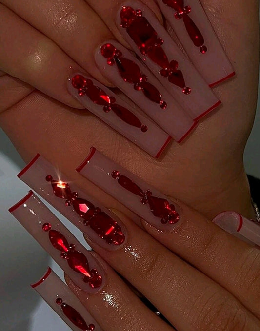 Red Thin French Tips Press On Nails With Red Rhinestones