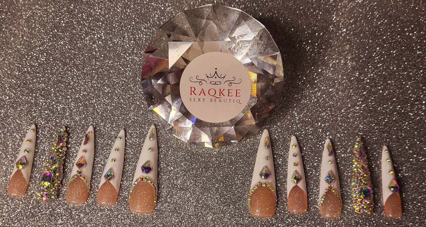 XL White French Tips Press On Nails With Rhinestones