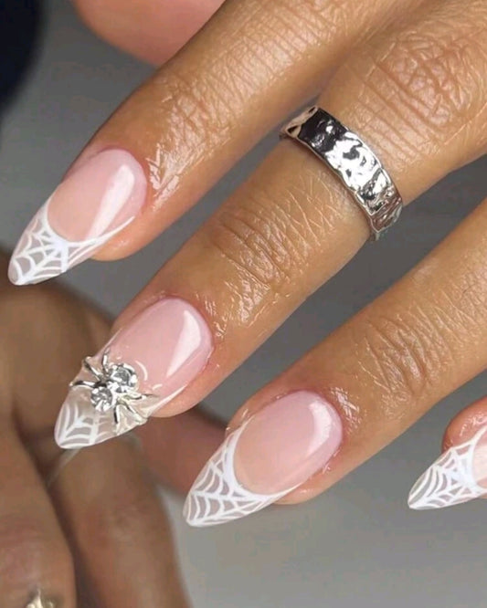 White Web French Tips Press On Nails With 3D Spider