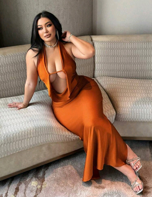 Brown Hollow Out Ruffled Halter Dress