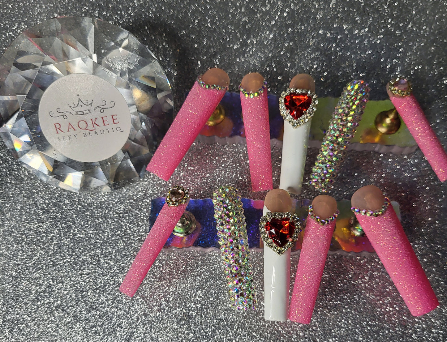 XL Glittery Pink And White French Tips Press On Nails With Full Rhinestones And Heart Decor