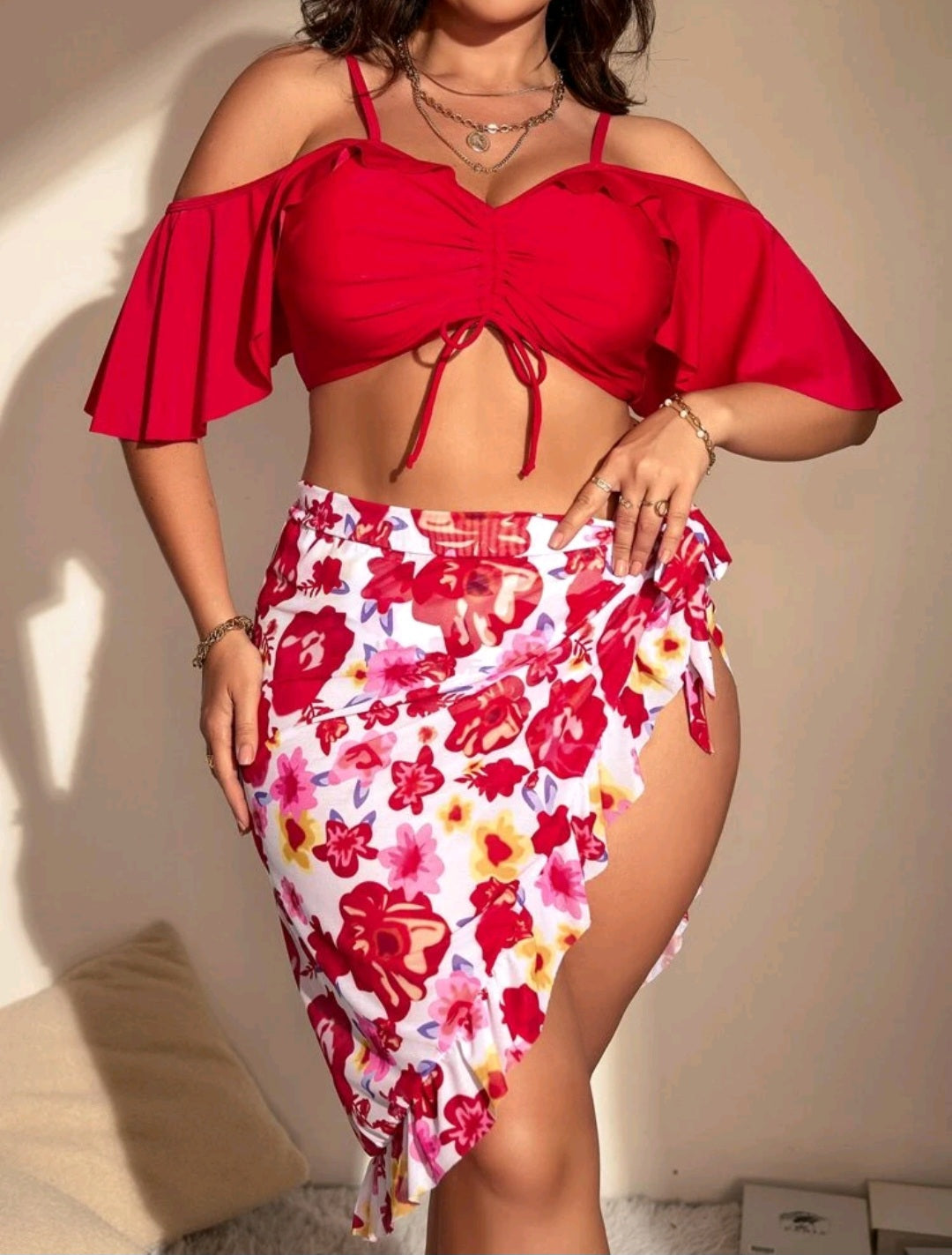 Floral Bikini And Skirt With Ruffles